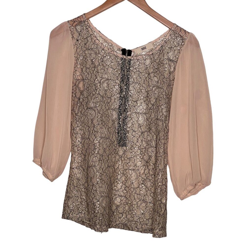 ISSI Medium Lace Top With Sheer Puff Sleeves  Back Zipper Neutral Beige & Black